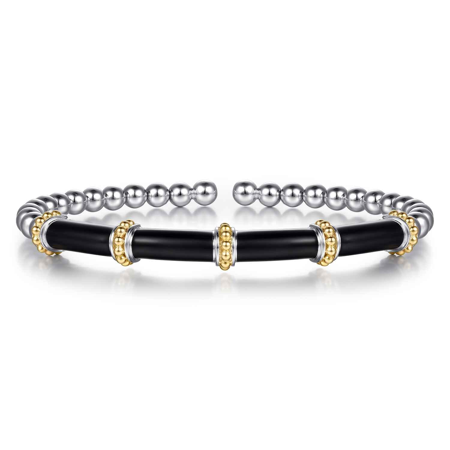 14K Yellow Gold and 925 Sterling Silver Bujukan and Bar Split Bangle Bracelet with Black Enamel - Shot 1