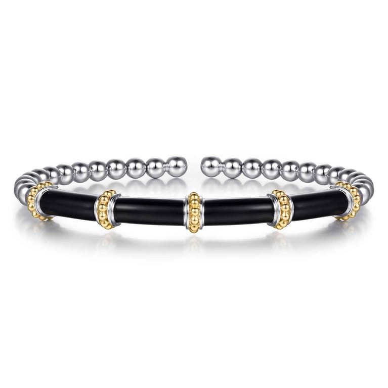 14K Yellow Gold and 925 Sterling Silver Bujukan and Bar Split Bangle Bracelet with Black Enamel - Shot 1