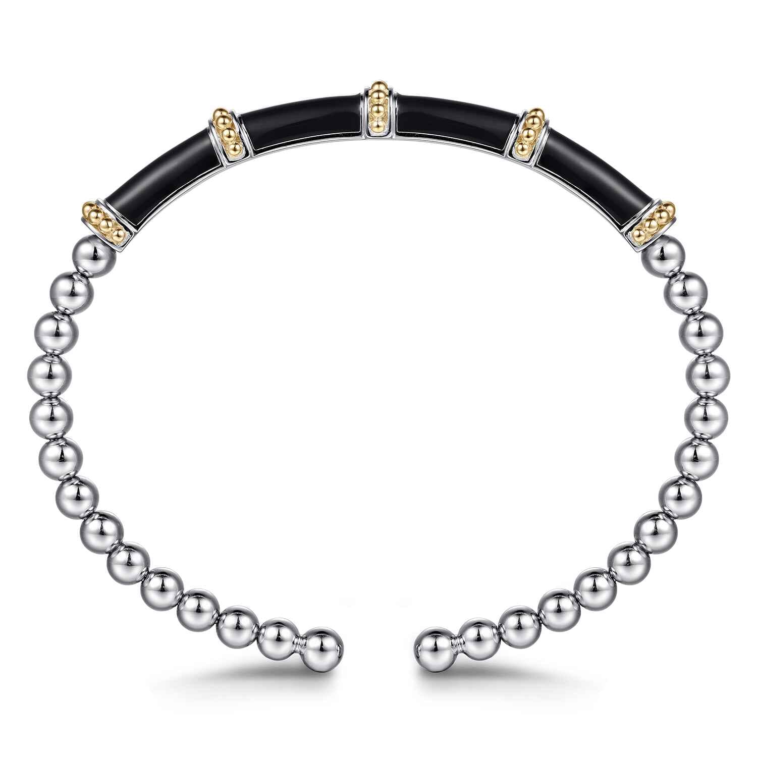 14K Yellow Gold and 925 Sterling Silver Bujukan and Bar Split Bangle Bracelet with Black Enamel - Shot 3