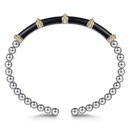 14K Yellow Gold and 925 Sterling Silver Bujukan and Bar Split Bangle Bracelet with Black Enamel