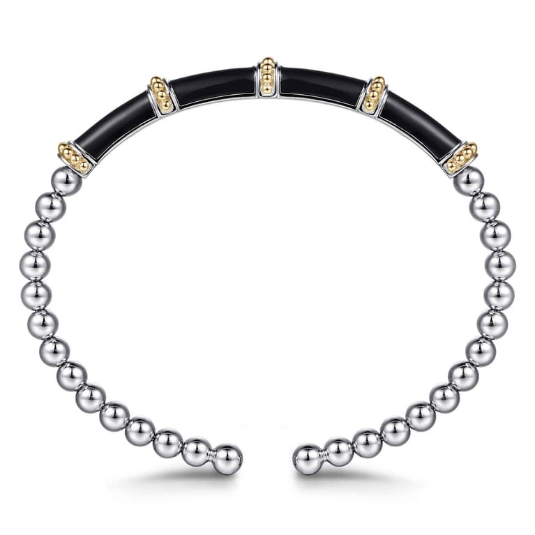 14K Yellow Gold and 925 Sterling Silver Bujukan and Bar Split Bangle Bracelet with Black Enamel - Shot 3