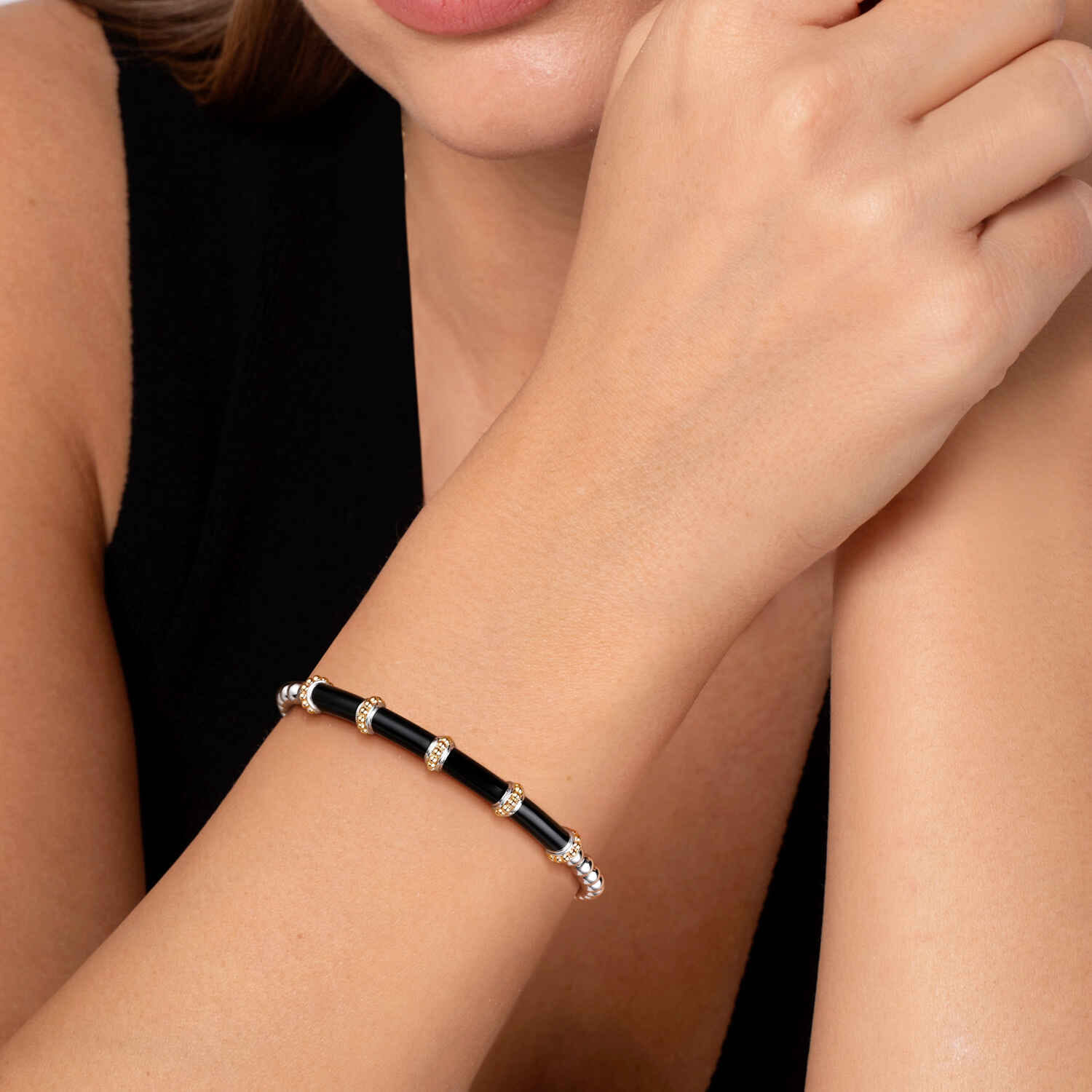 14K Yellow Gold and 925 Sterling Silver Bujukan and Bar Split Bangle Bracelet with Black Enamel - Shot 4