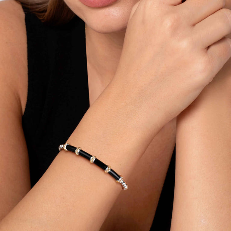 14K Yellow Gold and 925 Sterling Silver Bujukan and Bar Split Bangle Bracelet with Black Enamel - Shot 4