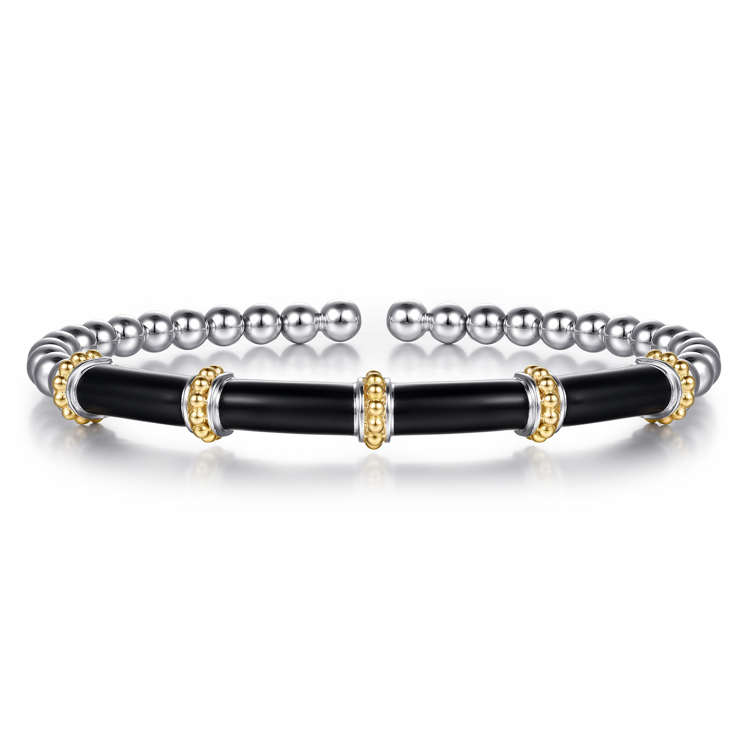 14K Yellow Gold and 925 Sterling Silver Bujukan and Bar Split Bangle Bracelet with Black Enamel - Shot 1