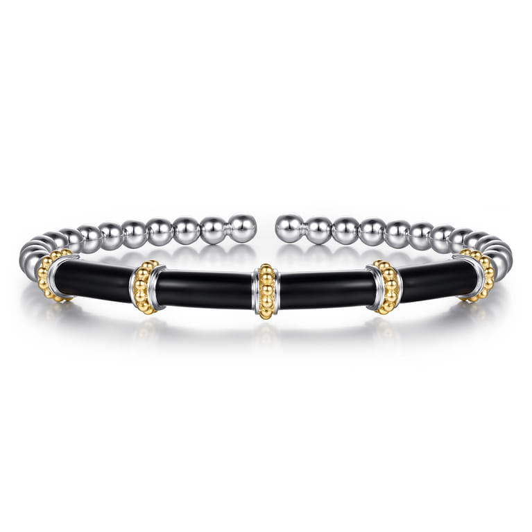 14K Yellow Gold and 925 Sterling Silver Bujukan and Bar Split Bangle Bracelet with Black Enamel - Shot 1
