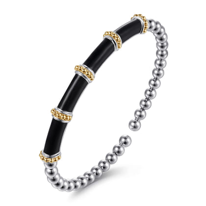 14K Yellow Gold and 925 Sterling Silver Bujukan and Bar Split Bangle Bracelet with Black Enamel