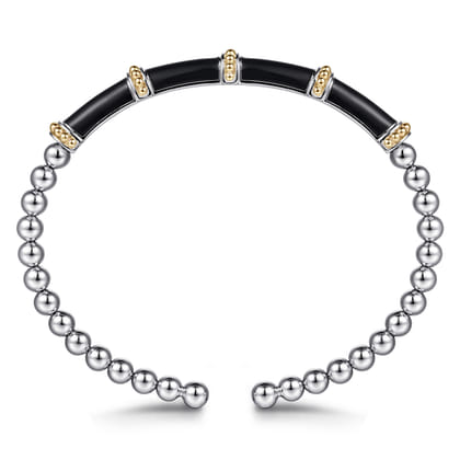 14K Yellow Gold and 925 Sterling Silver Bujukan and Bar Split Bangle Bracelet with Black Enamel