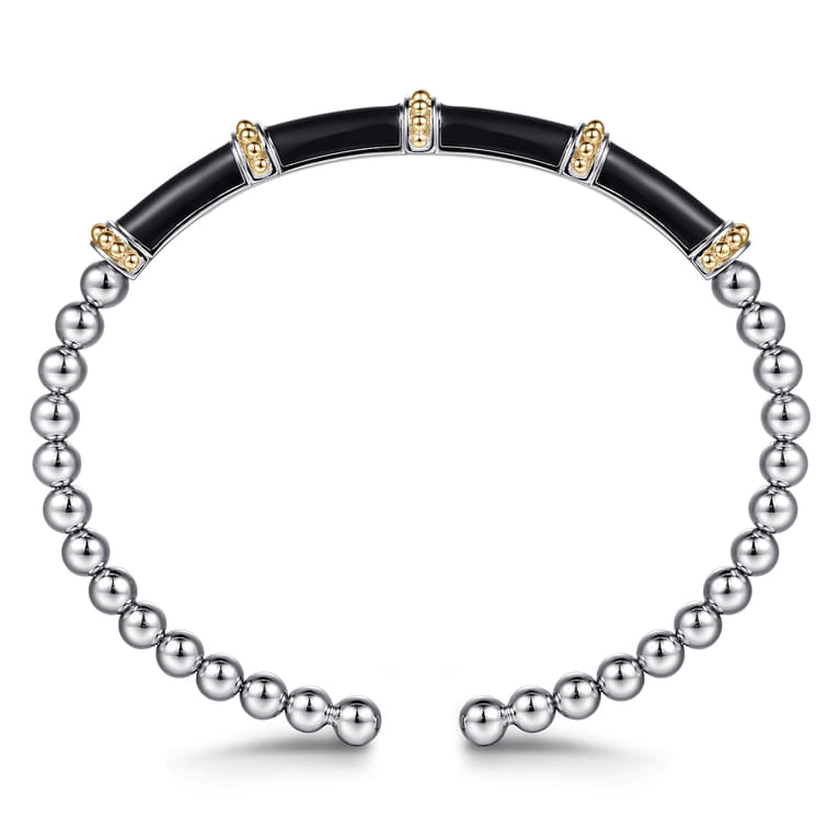 14K Yellow Gold and 925 Sterling Silver Bujukan and Bar Split Bangle Bracelet with Black Enamel - Shot 3