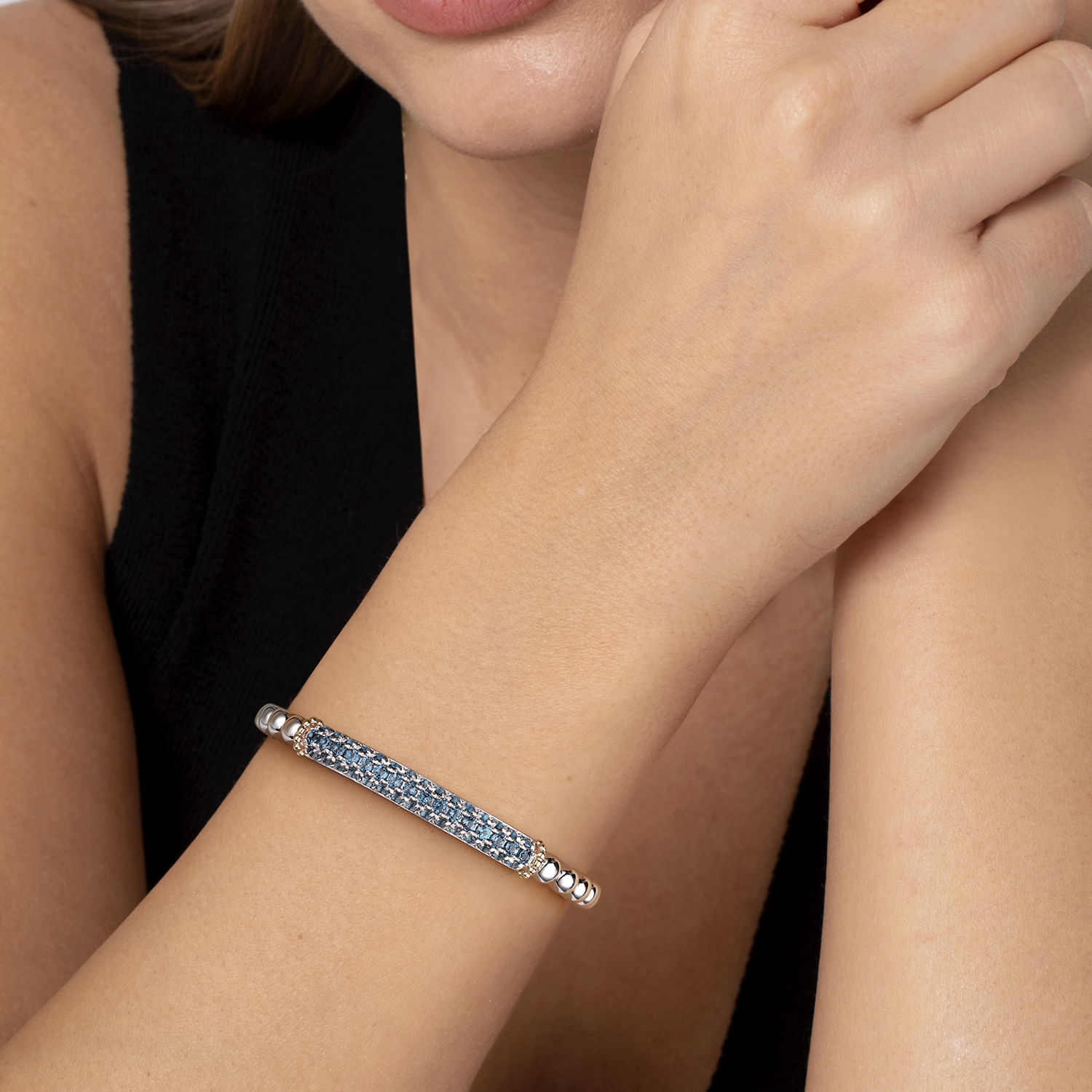 14K Yellow Gold and 925 Sterling Silver Bujukan and London Blue Topaz Bangle Bracelet