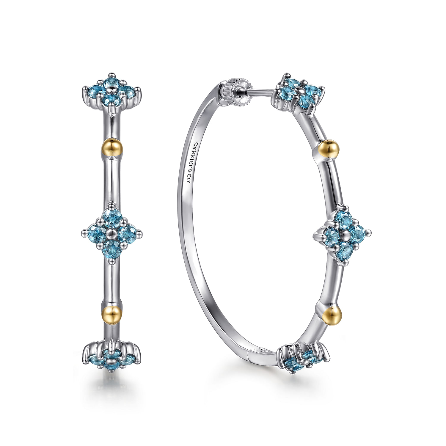 14K Yellow Gold and 925 Sterling Silver Bujukan and London Blue Topaz Classic Hoop Earrings
