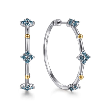 14K Yellow Gold and 925 Sterling Silver Bujukan and London Blue Topaz Classic Hoop Earrings