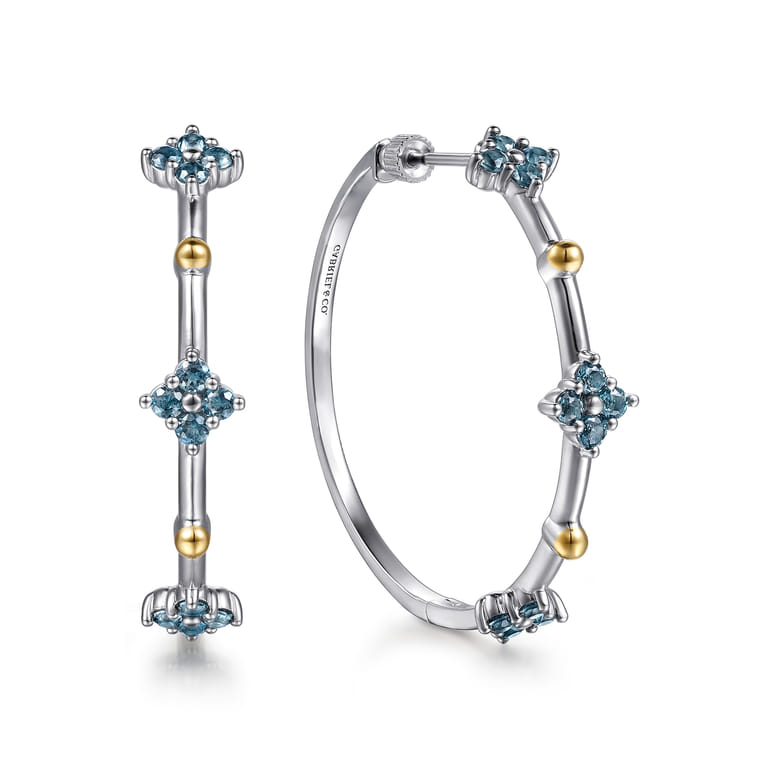 14K Yellow Gold and 925 Sterling Silver Bujukan and London Blue Topaz Classic Hoop Earrings - Shot 1