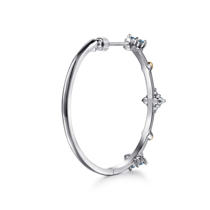 14K Yellow Gold and 925 Sterling Silver Bujukan and London Blue Topaz Classic Hoop Earrings