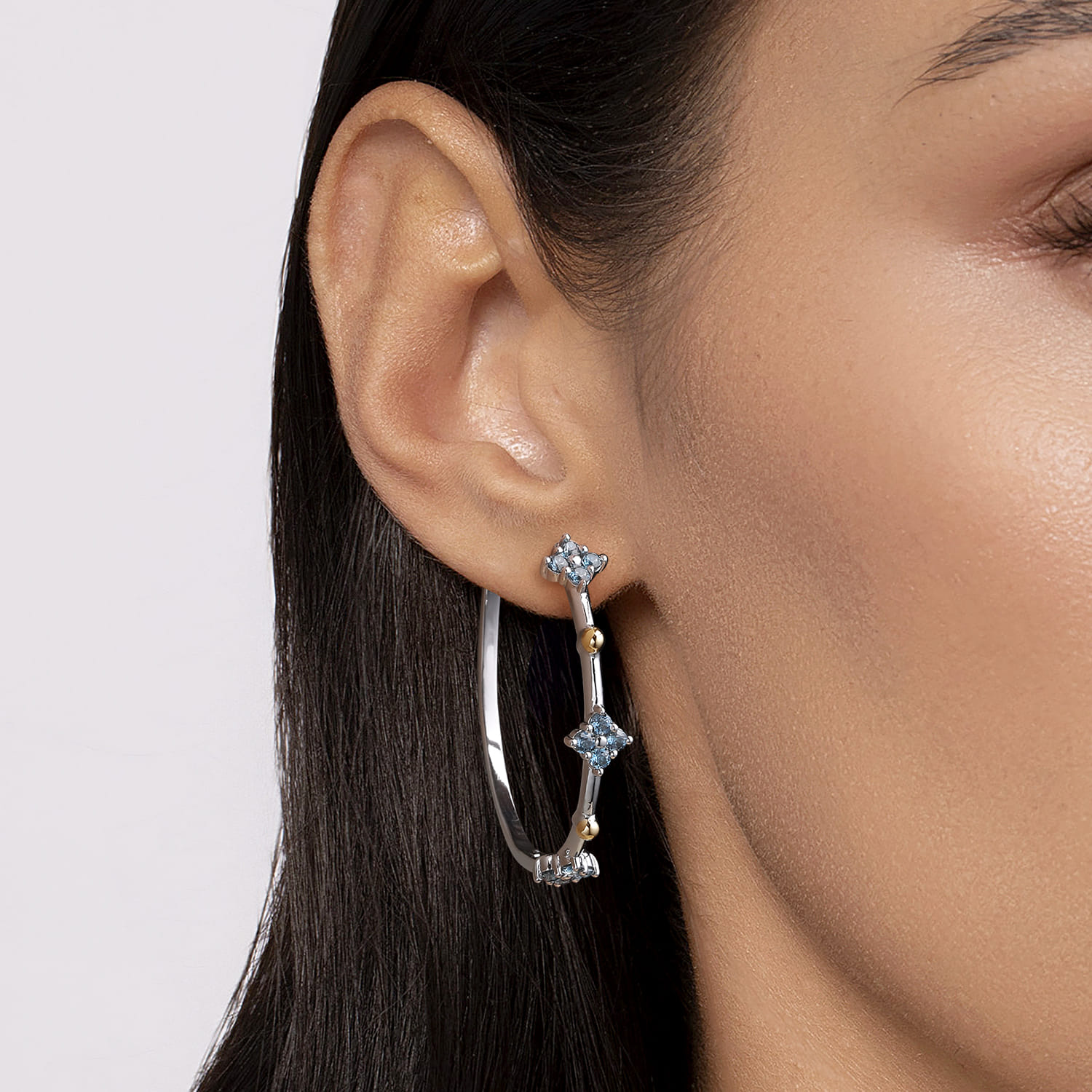 14K Yellow Gold and 925 Sterling Silver Bujukan and London Blue Topaz Classic Hoop Earrings