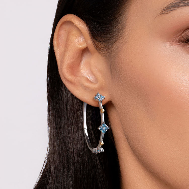 14K Yellow Gold and 925 Sterling Silver Bujukan and London Blue Topaz Classic Hoop Earrings