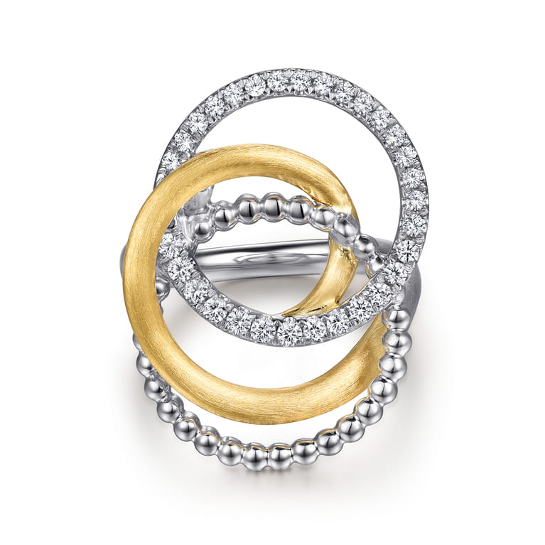 14K Yellow Gold and 925 Sterling Silver Bujukan and White Sapphire Multi Round Link Fashion Ring - Shot 1
