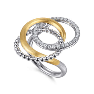 14K Yellow Gold and 925 Sterling Silver Bujukan and White Sapphire Multi Round Link Fashion Ring