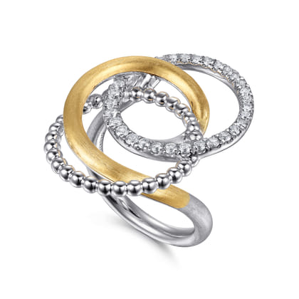 14K Yellow Gold and 925 Sterling Silver Bujukan and White Sapphire Multi Round Link Fashion Ring