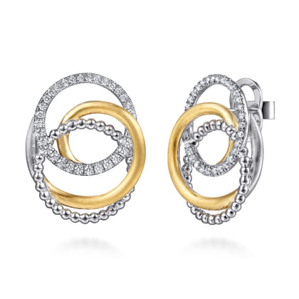 14K Yellow Gold and 925 Sterling Silver Bujukan and White Sapphire Multi Round Link Stud Earrings