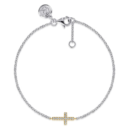 14K Yellow Gold and 925 Sterling Silver Diamond Cross Chain Bracelet