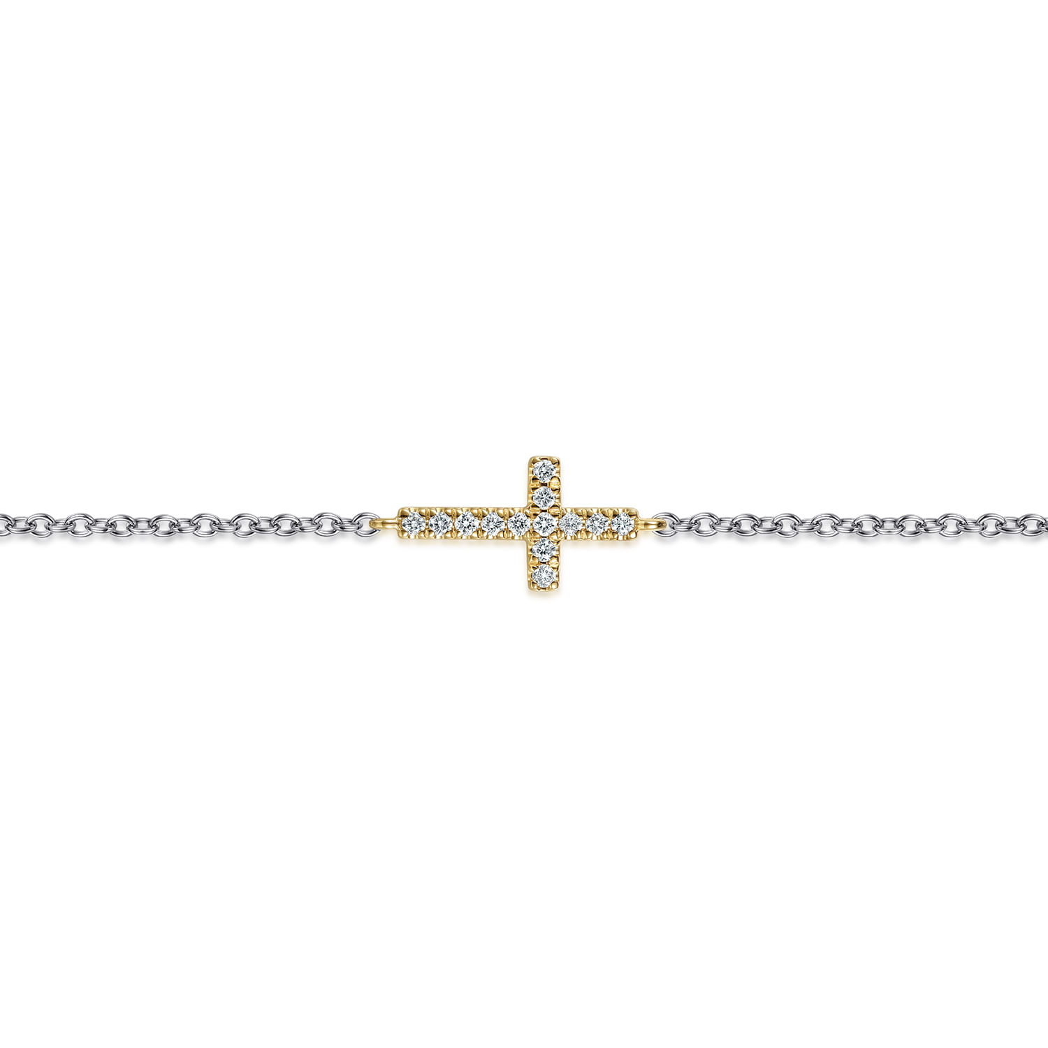 14K Yellow Gold and 925 Sterling Silver Diamond Cross Chain Bracelet