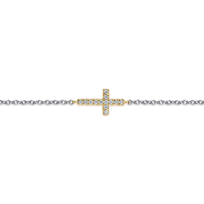 14K Yellow Gold and 925 Sterling Silver Diamond Cross Chain Bracelet