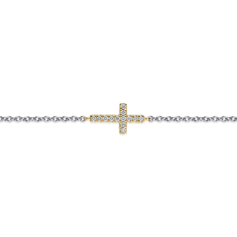 14K Yellow Gold and 925 Sterling Silver Diamond Cross Chain Bracelet - 0.08 ct - Shot 2