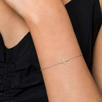 14K Yellow Gold and 925 Sterling Silver Diamond Cross Chain Bracelet