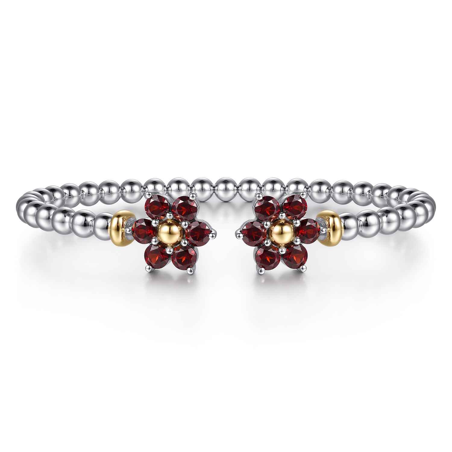 14K Yellow Gold and 925 Sterling Silver Garnet Flower Bangle Bracelet