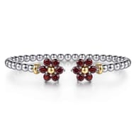 14K Yellow Gold and 925 Sterling Silver Garnet Flower Bangle Bracelet