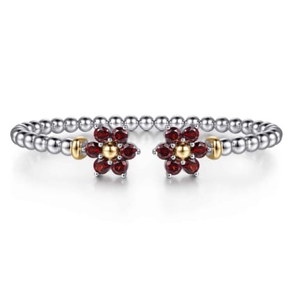 14K Yellow Gold and 925 Sterling Silver Garnet Flower Bangle Bracelet