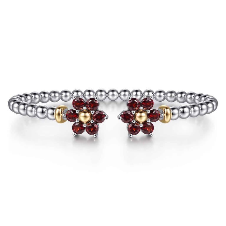 14K Yellow Gold and 925 Sterling Silver Garnet Flower Bangle Bracelet - Shot 1