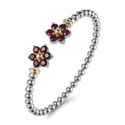 14K Yellow Gold and 925 Sterling Silver Garnet Flower Bangle Bracelet