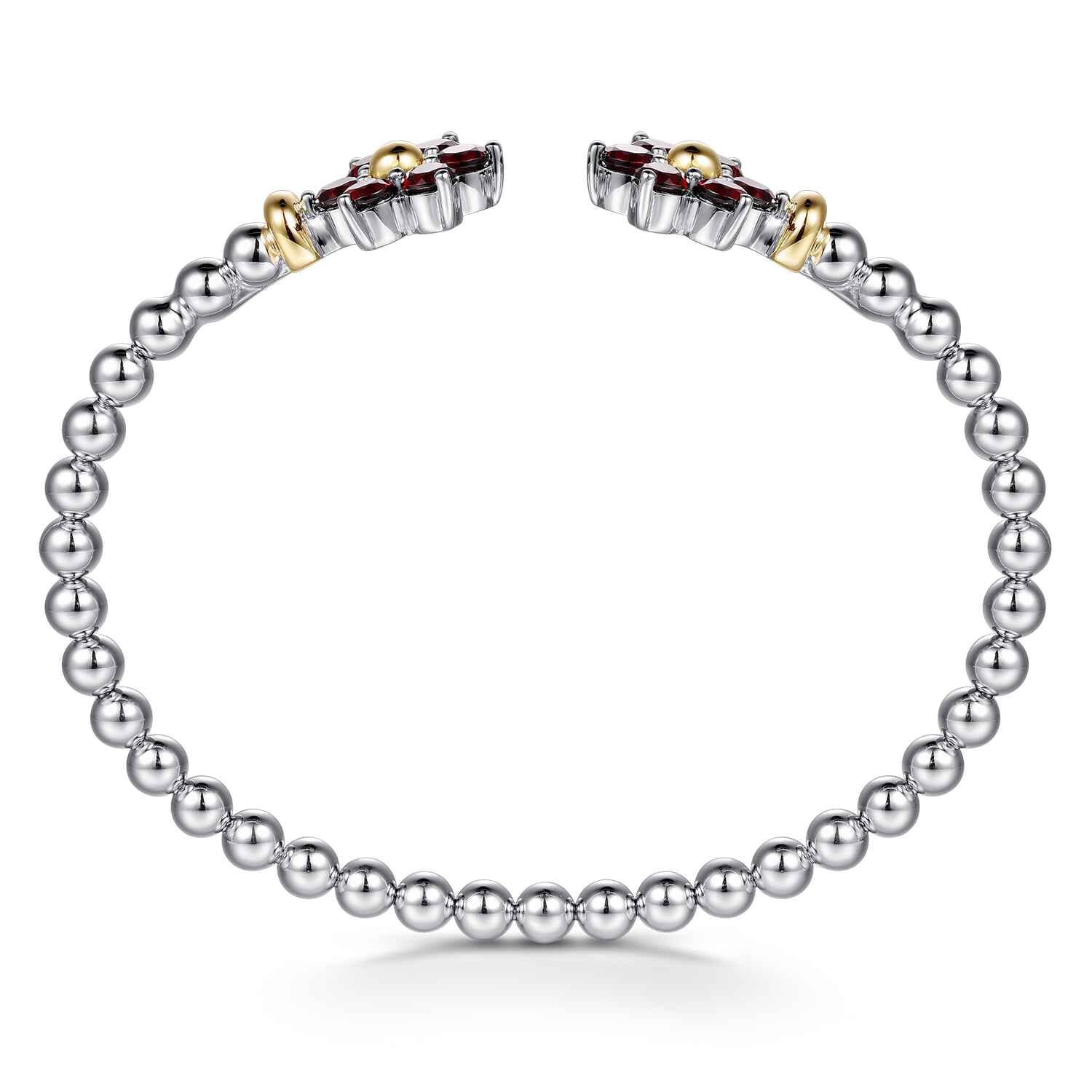 14K Yellow Gold and 925 Sterling Silver Garnet Flower Bangle Bracelet