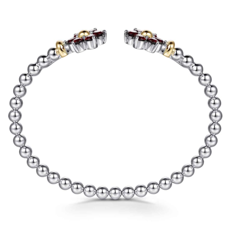 14K Yellow Gold and 925 Sterling Silver Garnet Flower Bangle Bracelet - Shot 3