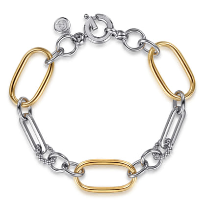 14K Yellow Gold and 925 Sterling Silver Hollow Link Chain Bracelet