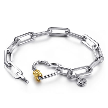 14K Yellow Gold and 925 Sterling Silver Link Chain Bujukan Heart Bracelet