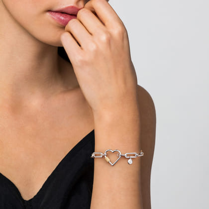 14K Yellow Gold and 925 Sterling Silver Link Chain Bujukan Heart Bracelet