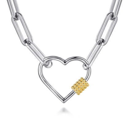 14K Yellow Gold and 925 Sterling Silver Link Chain Bujukan Heart Necklace
