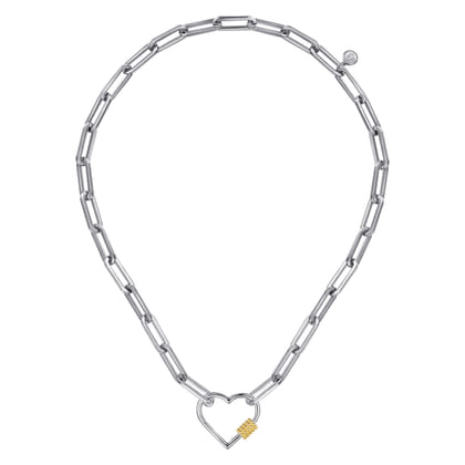 14K Yellow Gold and 925 Sterling Silver Link Chain Bujukan Heart Necklace