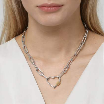 14K Yellow Gold and 925 Sterling Silver Link Chain Bujukan Heart Necklace