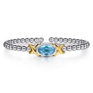 14K Yellow Gold and 925 Sterling Silver Oval Blue Topaz Bujukan Bangle Bracelet