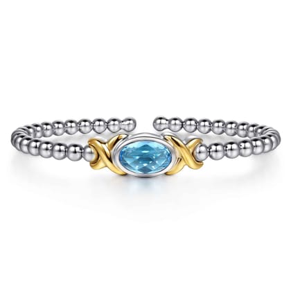 14K Yellow Gold and 925 Sterling Silver Oval Blue Topaz Bujukan Bangle Bracelet