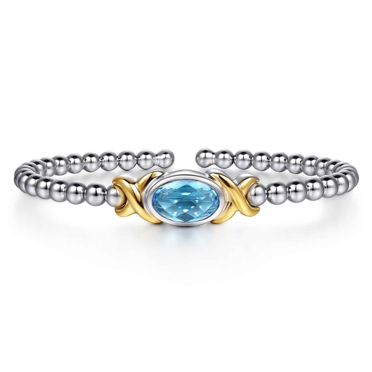 14K Yellow Gold and 925 Sterling Silver Oval Blue Topaz Bujukan Bangle Bracelet - Shot 1