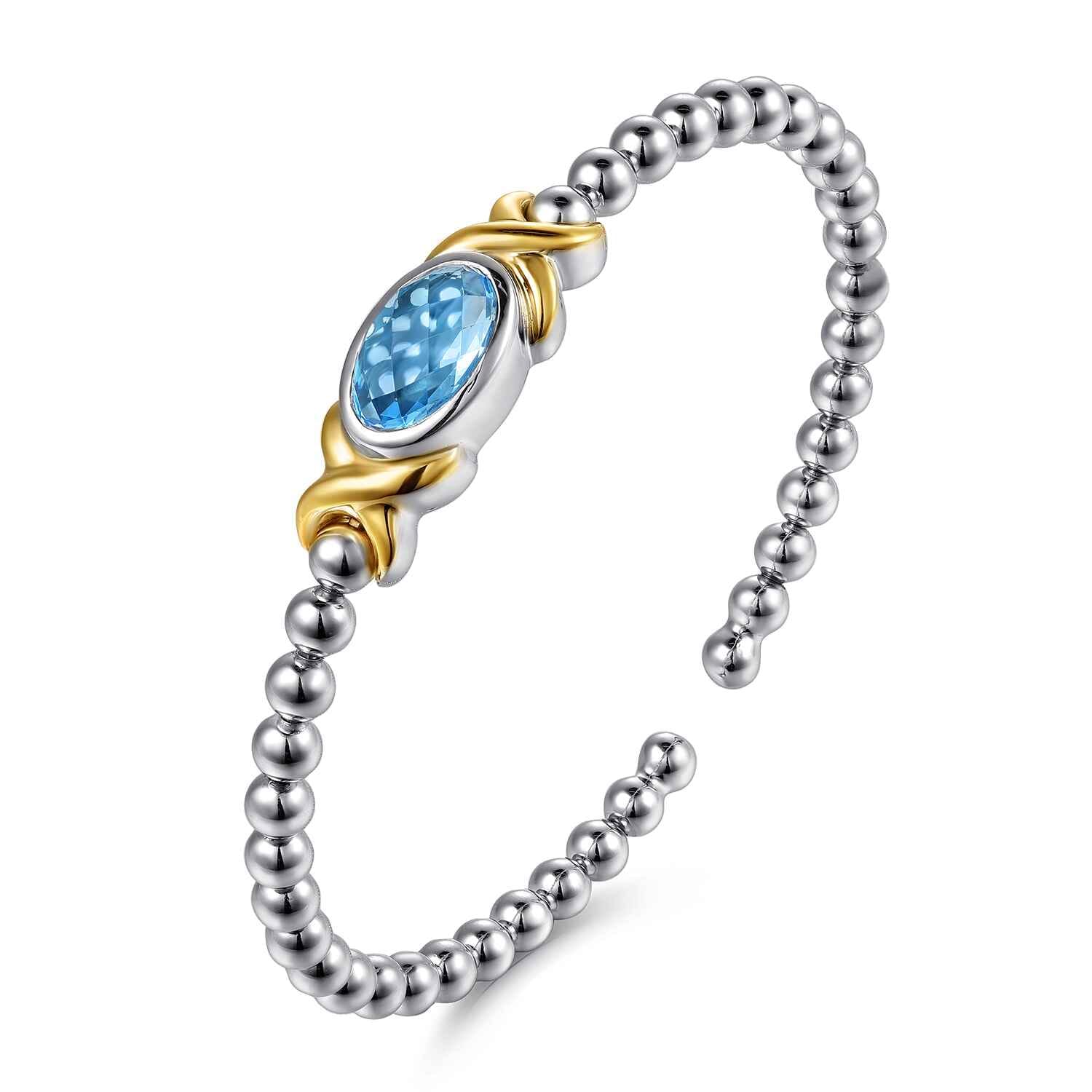 14K Yellow Gold and 925 Sterling Silver Oval Blue Topaz Bujukan Bangle Bracelet