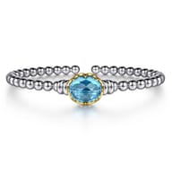 14K Yellow Gold and 925 Sterling Silver Oval Blue Topaz Bujukan Open Bangle Bracelet