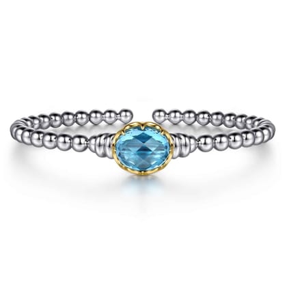 14K Yellow Gold and 925 Sterling Silver Oval Blue Topaz Bujukan Open Bangle Bracelet