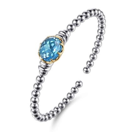 14K Yellow Gold and 925 Sterling Silver Oval Blue Topaz Bujukan Open Bangle Bracelet