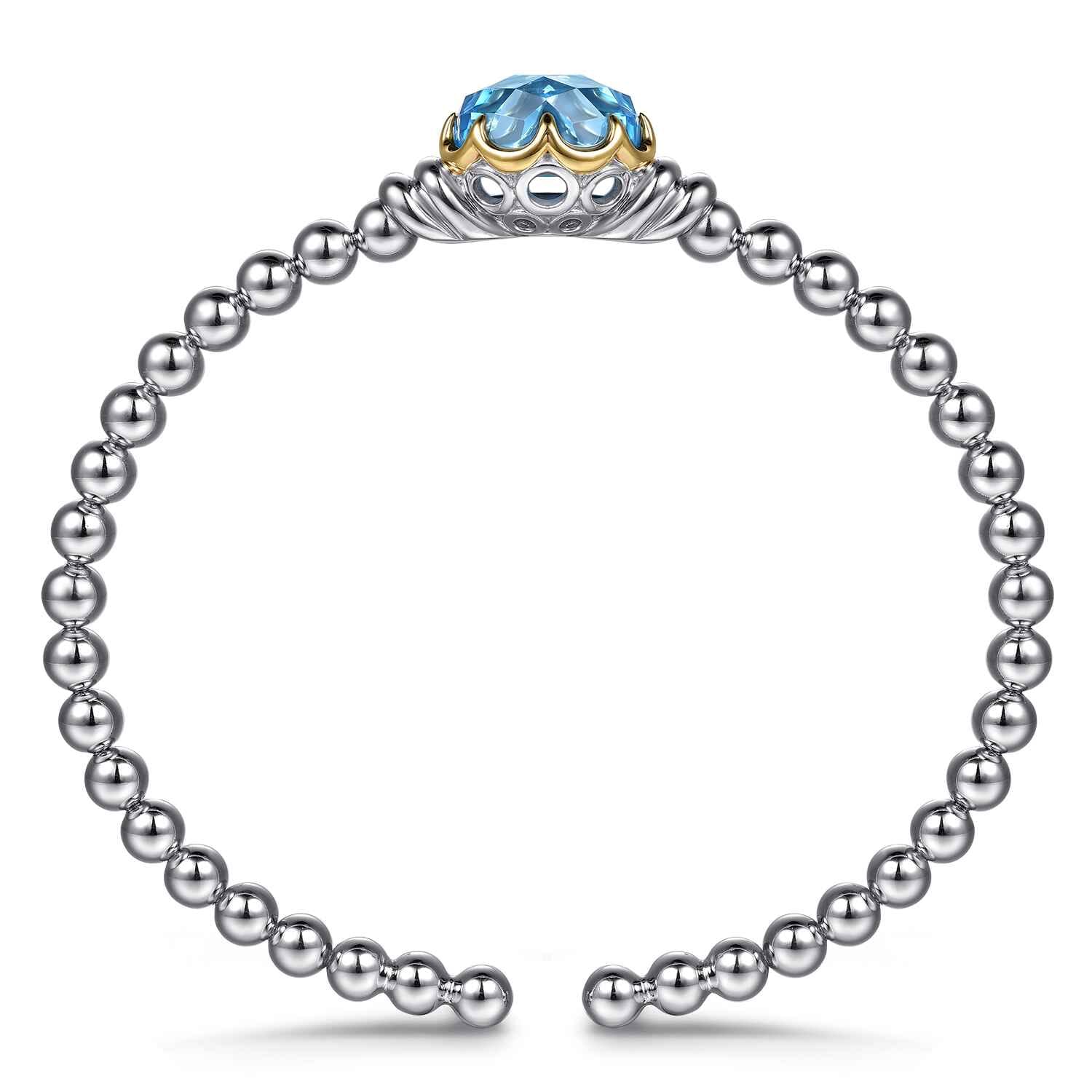 14K Yellow Gold and 925 Sterling Silver Oval Blue Topaz Bujukan Open Bangle Bracelet