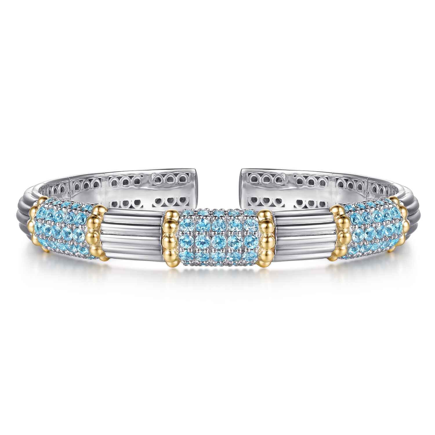 14K Yellow Gold and 925 Sterling Silver Pave Blue Topaz and Shrimp Texture Bujukan Bangle Bracelet